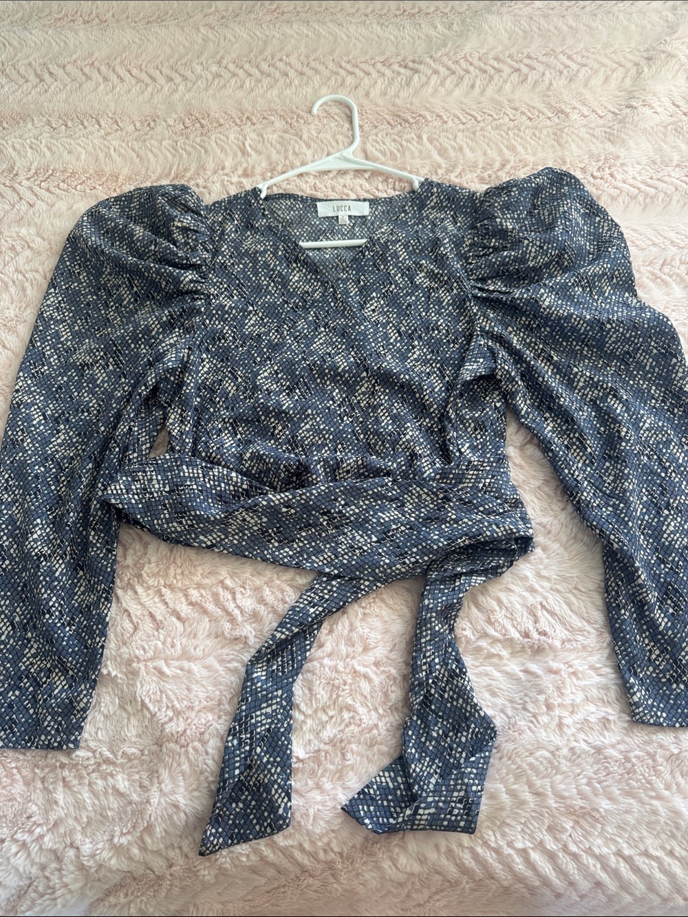 Lucea Puff-Sleeve Wrap Blouse in Navy Print